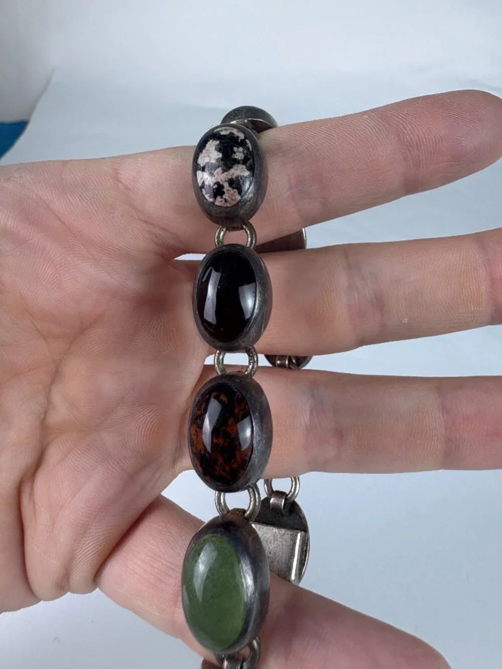 Vintage Taxco Mexico 925 Sterling Silver Multi-Stone Link Bracelet | Lapis